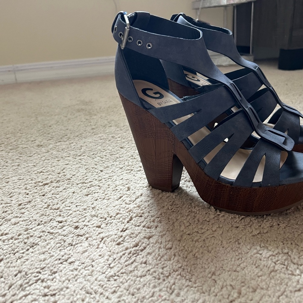 G by Guess Blue and Brown Wedge Sandals